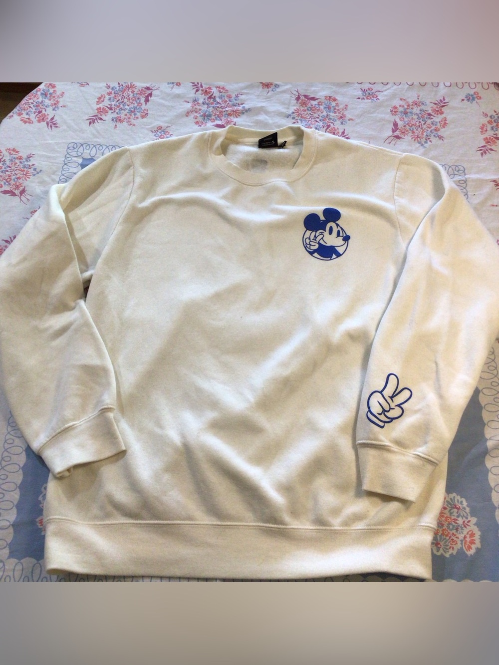 Cream Crewneck Sweatshirt with Blue Mickey Mouse  Motif